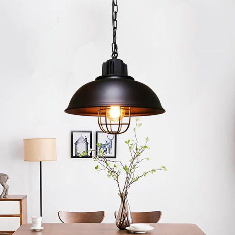 Bowl Dining Room Suspension Lighting Industrial Iron 1 Head Black/White Drop Pendant with Cage