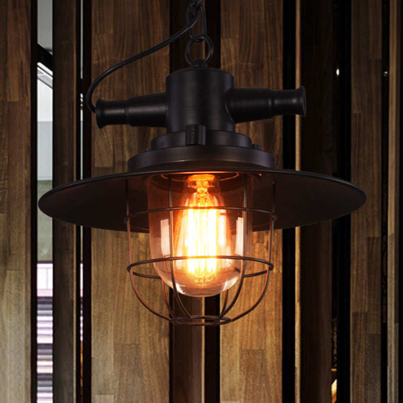 Single-Bulb Saucer Pendulum Light Industrial Black Iron Ceiling Pendant with Cage and Clear Glass Shade