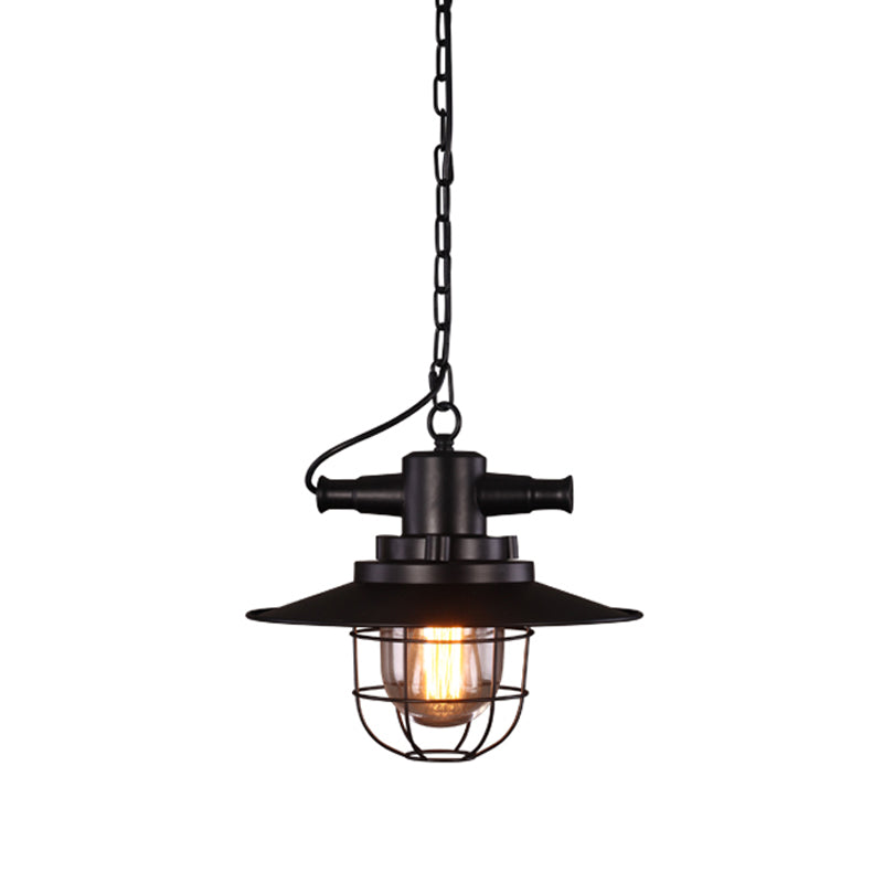 Single-Bulb Saucer Pendulum Light Industrial Black Iron Ceiling Pendant with Cage and Clear Glass Shade