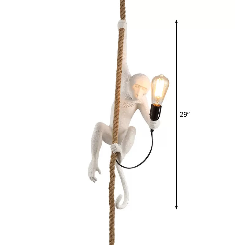 Resin Monkey Hanging Ceiling Light Modern 1-Light White Pendant Lamp with Rope Cord