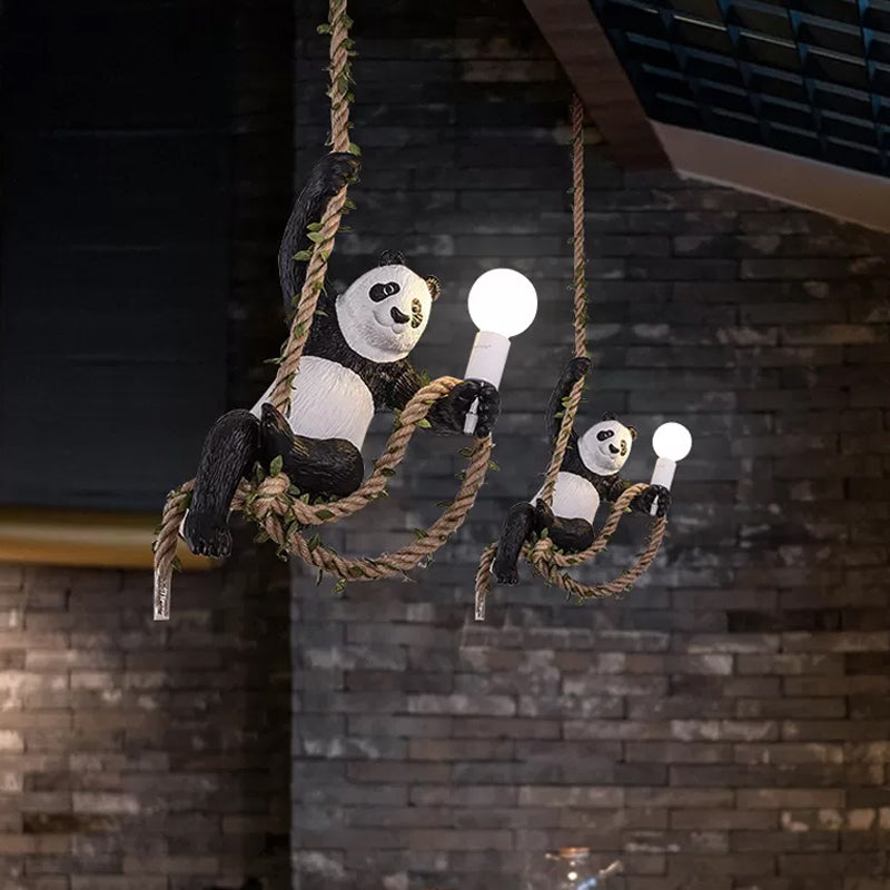 White and Black Panda Hanging Lamp Artistic 1-Bulb Rope Pendant Ceiling Light for Restaurant