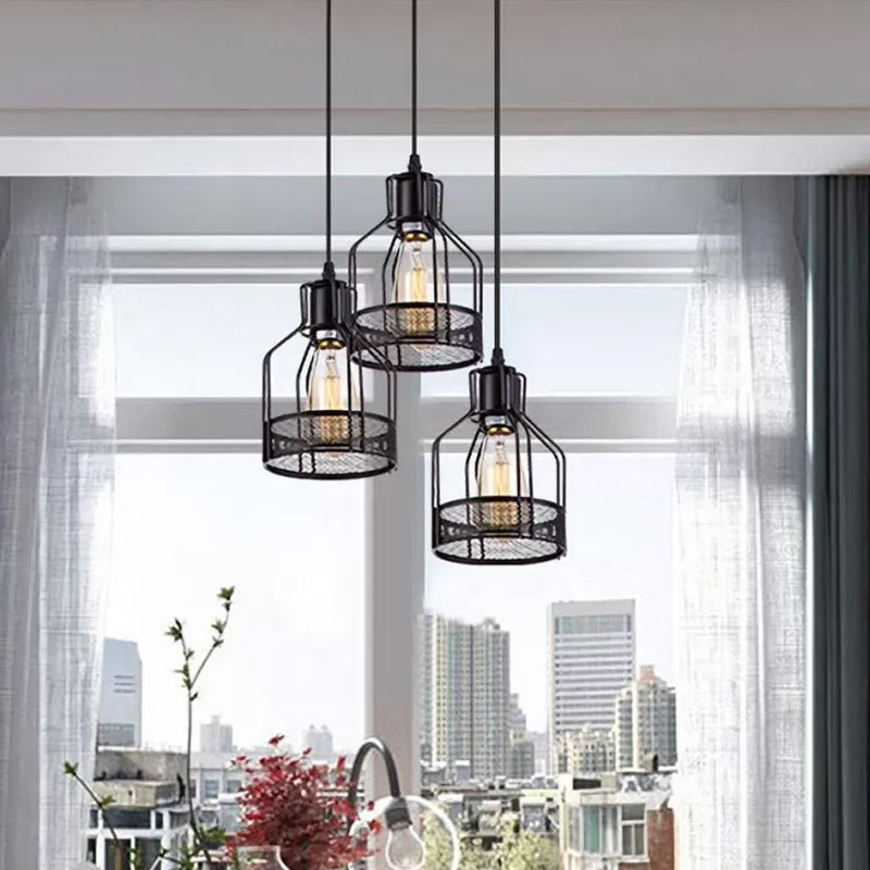 3 Lights Bottle Frame Multi-Pendant Rustic Black Iron Ceiling Hang Light for Dining Room