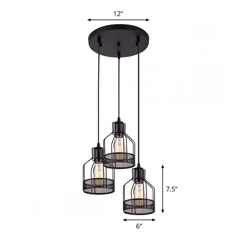 3 Lights Bottle Frame Multi-Pendant Rustic Black Iron Ceiling Hang Light for Dining Room