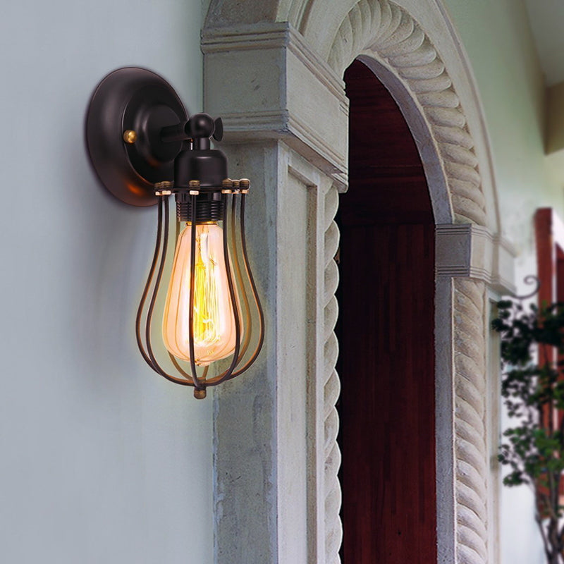 1 lampada per illuminazione a parete regolabile in bulbo lampada da parete per camera da letto a loft con gabbia di ferro in nero