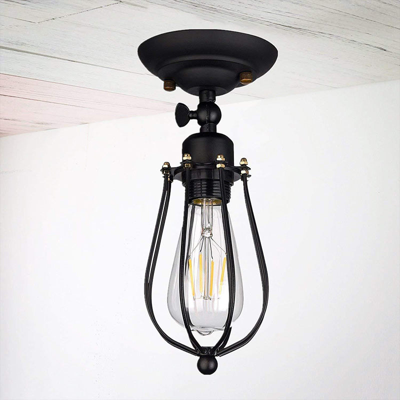 1 Bulbo Ideas de iluminación de pared ajustable Lámpara de pared de dormitorio de estilo loft con jaula de hierro de pera en negro