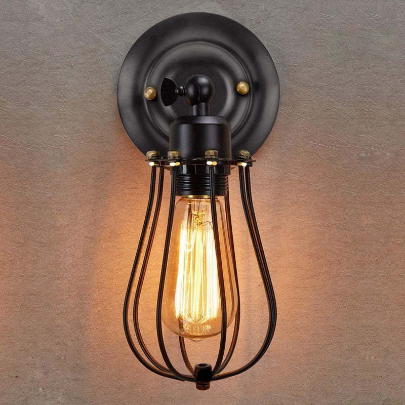 1 Glühbirne einstellbare Wandbeleuchtungsideen Loft -Stil Schlafzimmer Wandlampe mit Birneneisenkäfig in Schwarz