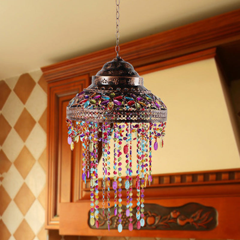 Bowl Dining Room Down Lighting Pendant Boho Stained Glass 1-Light Copper Hanging Lamp with Beaded Drape