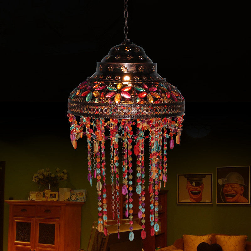 Bowl Dining Room Down Lighting Pendant Boho Stained Glass 1-Light Copper Hanging Lamp with Beaded Drape