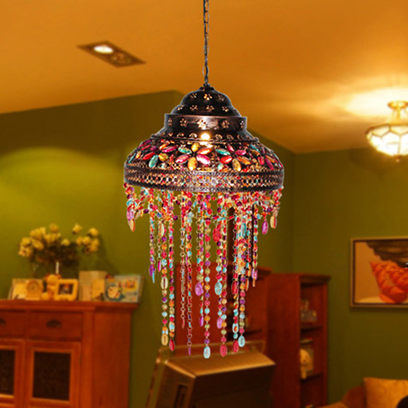 Bowl Dining Room Down Lighting Pendant Boho Stained Glass 1-Light Copper Hanging Lamp with Beaded Drape