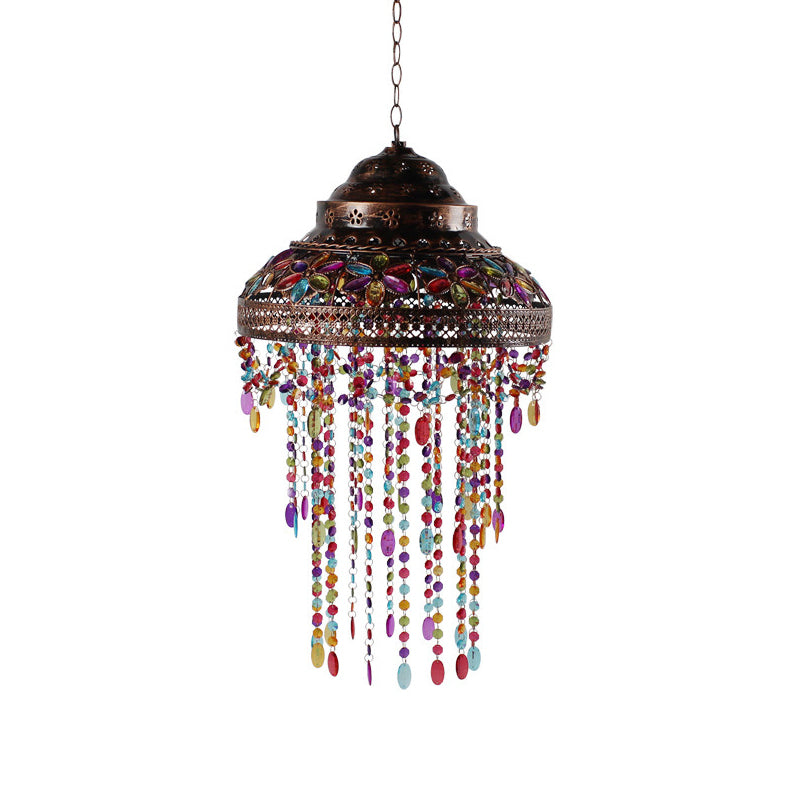 Bowl Dining Room Down Lighting Pendant Boho Stained Glass 1-Light Copper Hanging Lamp with Beaded Drape