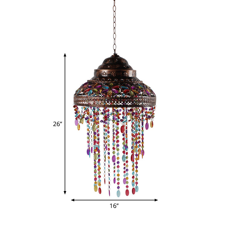 Bowl Dining Room Down Lighting Pendant Boho Stained Glass 1-Light Copper Hanging Lamp with Beaded Drape