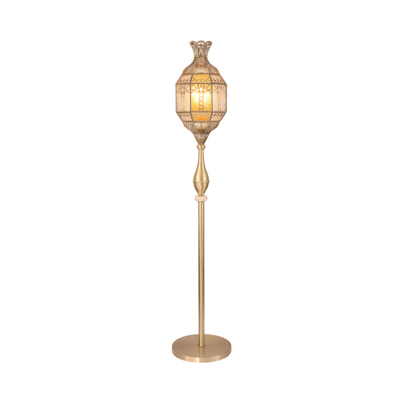 Brass 1 Head Standing Floor Lamp Vintage Seeded Glass Lantern Hollowed out Floor Light