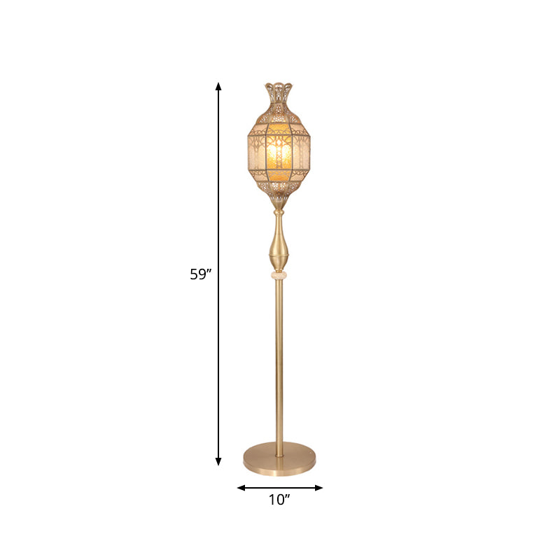 Brass 1 Head Standing Floor Lamp Vintage Seeded Glass Lantern Hollowed out Floor Light