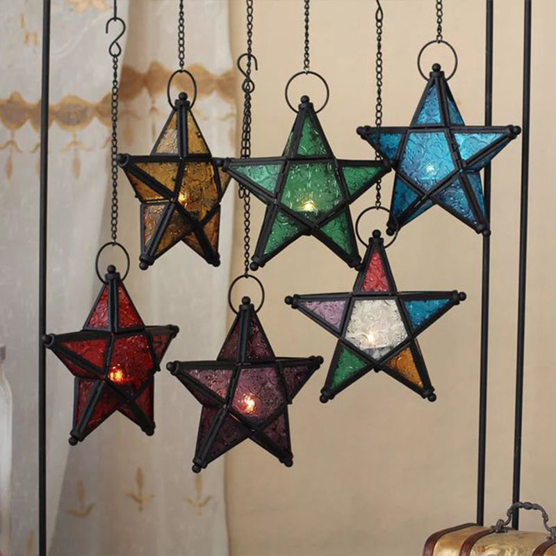 Single Blue/Red/Clear Glass Drop Pendant Bohemia Black Star Shaped Bedside Hanging Ceiling Light