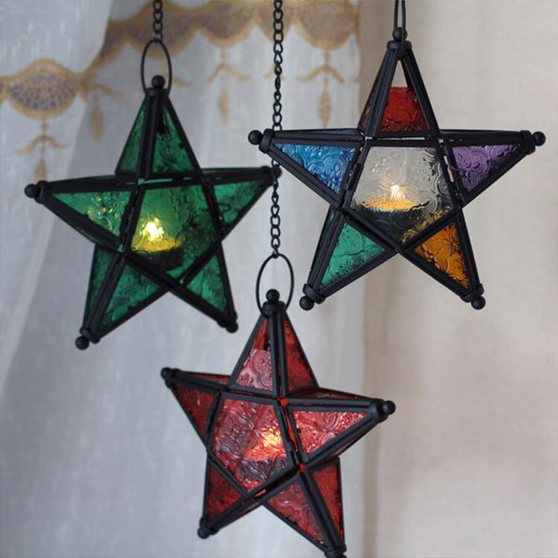 Single Blue/Red/Clear Glass Drop Pendant Bohemia Black Star Shaped Bedside Hanging Ceiling Light