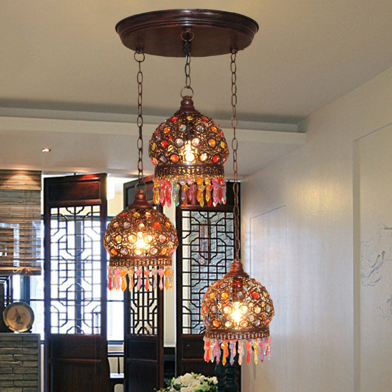 3 Bulbs Cluster Pendant Light Bohemia Hollowed-out Dome Stained Glass Hanging Light with Fringe in Copper, Round/Linear Canopy