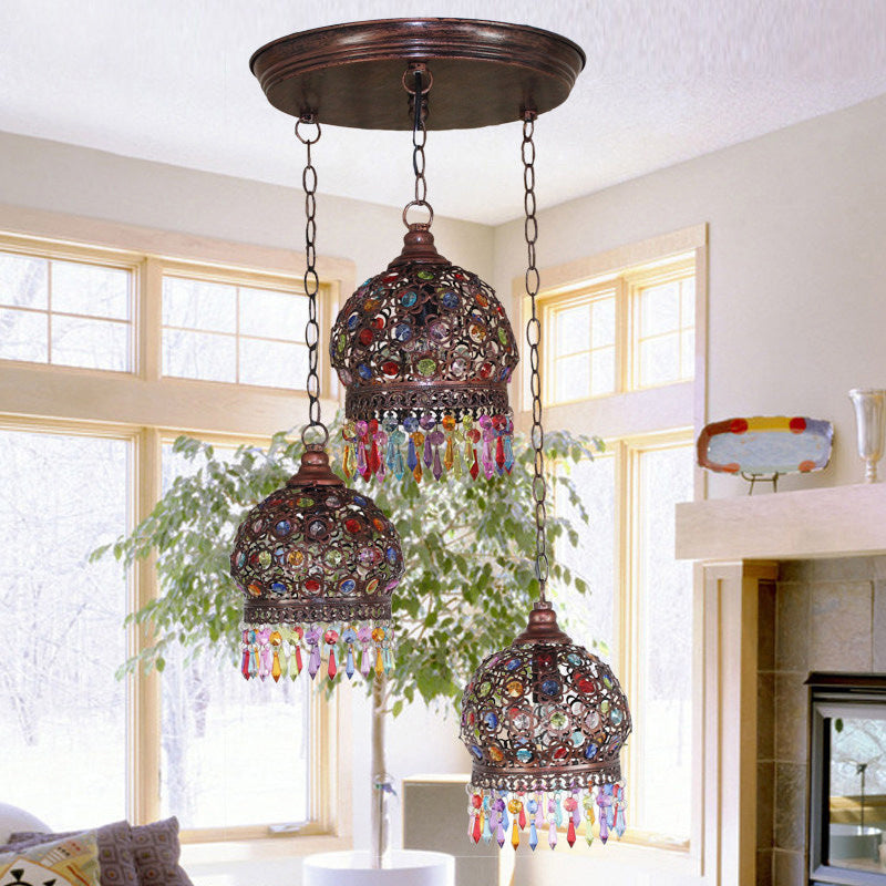 3 Bulbs Cluster Pendant Light Bohemia Hollowed-out Dome Stained Glass Hanging Light with Fringe in Copper, Round/Linear Canopy