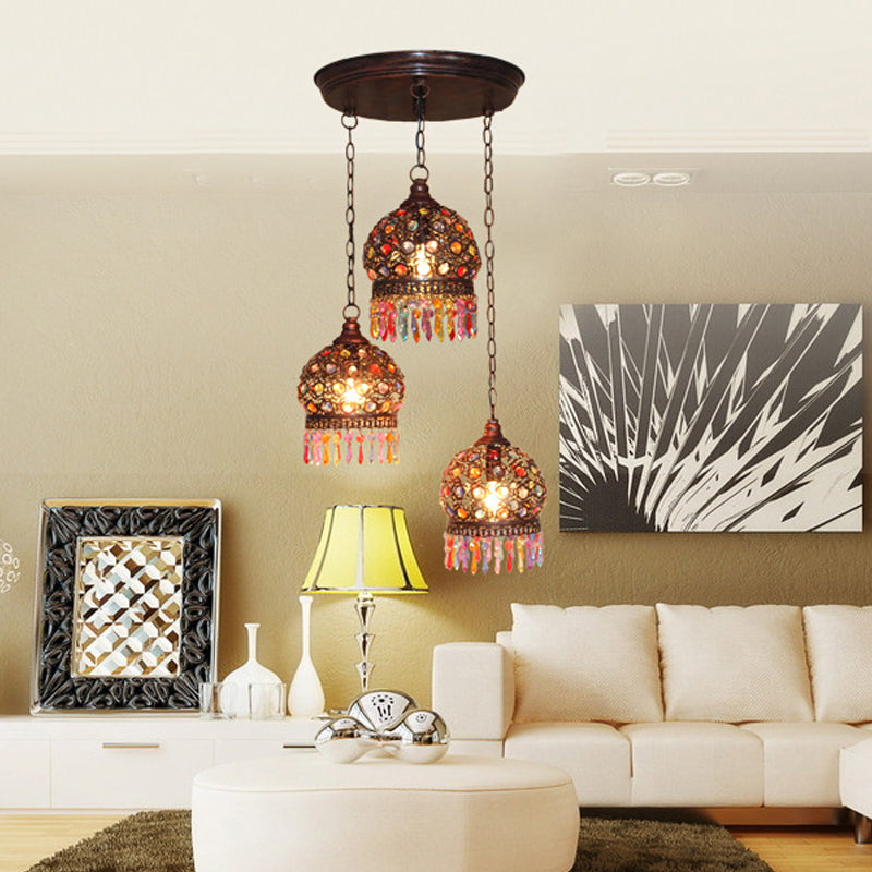 3 Bulbs Cluster Pendant Light Bohemia Hollowed-out Dome Stained Glass Hanging Light with Fringe in Copper, Round/Linear Canopy