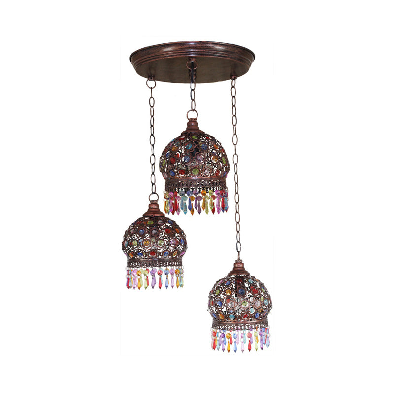 3 Bulbs Cluster Pendant Light Bohemia Hollowed-out Dome Stained Glass Hanging Light with Fringe in Copper, Round/Linear Canopy