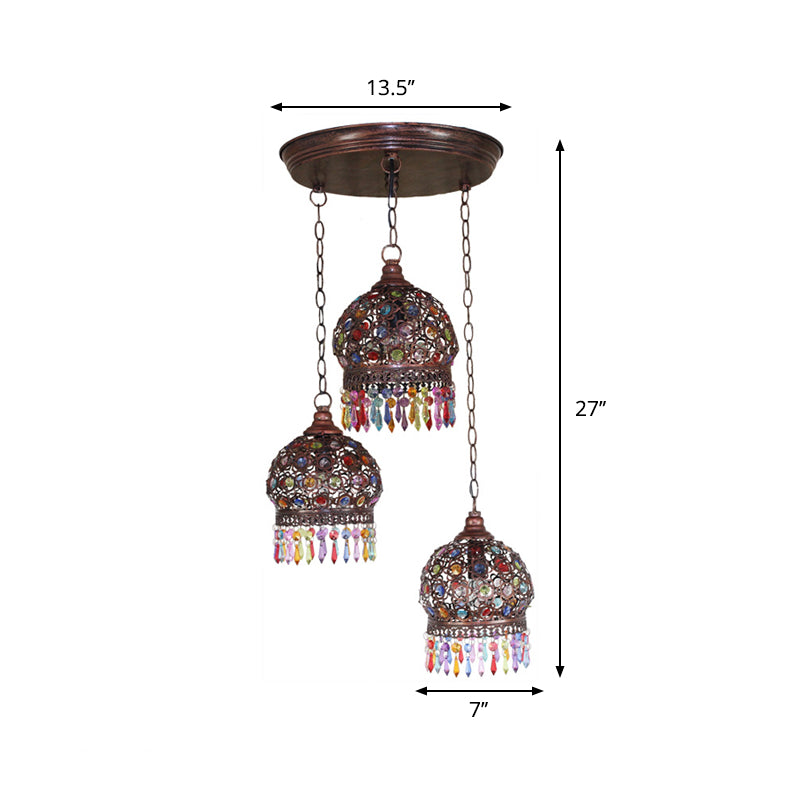 3 bulbes Cluster Pendant Light Bohemia Dôme Écorcot le vitrail de dôme Lumière suspendue avec franges en cuivre, auvent rond / linéaire