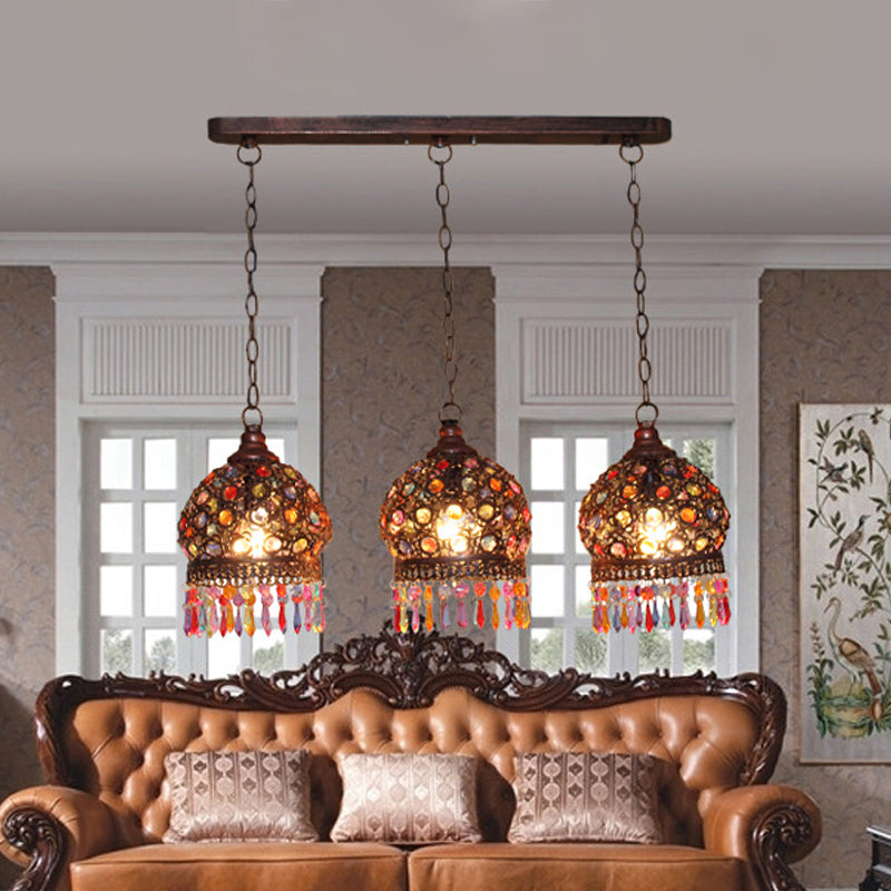 3 Bulbs Cluster Pendant Light Bohemia Hollowed-out Dome Stained Glass Hanging Light with Fringe in Copper, Round/Linear Canopy