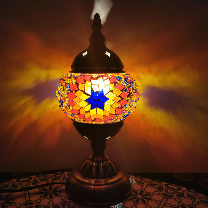 Stained Glass Globe Nightstand Light Turkish 1-Light Living Room Table Lamp with Sunflower Pattern in Bronze