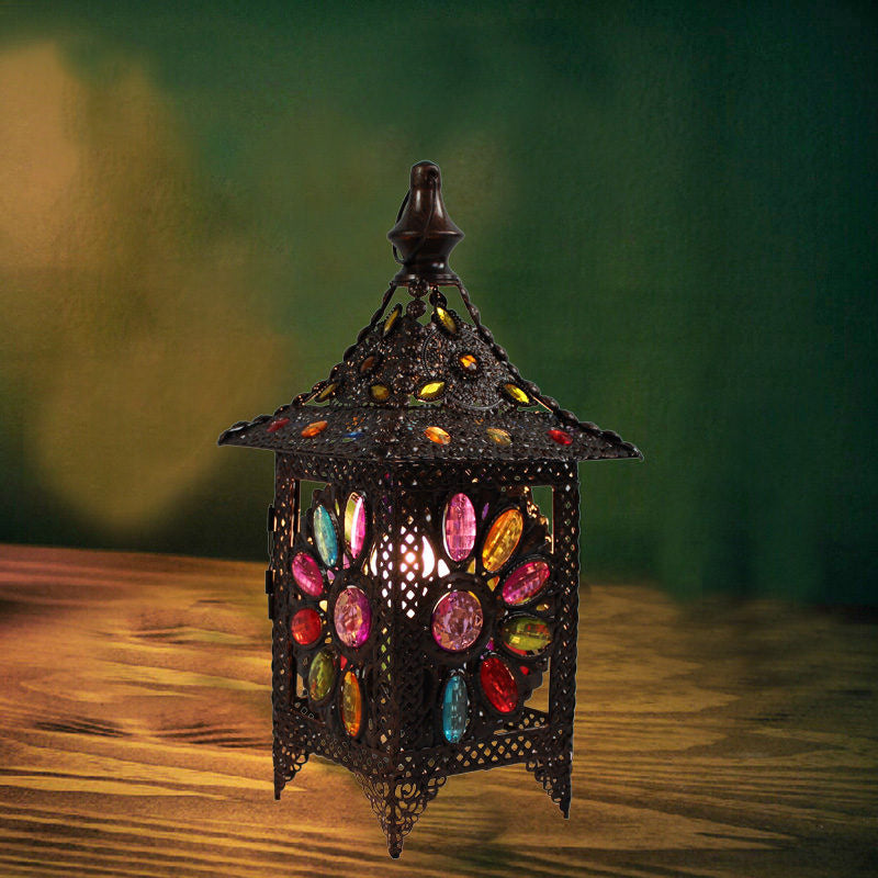 Stained Glass Weathered Copper Night Lamp Pavilion 1 Head Bohemian Style Table Light