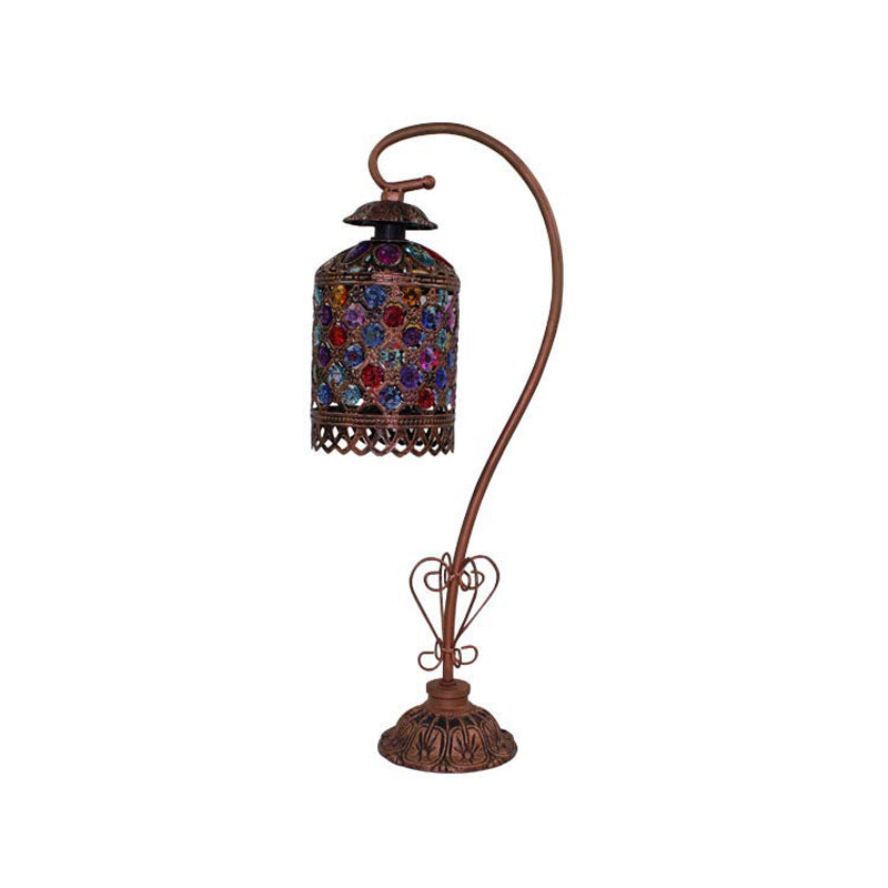 1-Light Gooseneck Nightstand Lamp Bohemia Copper Stained Glass Beaded Table Light with Gooseneck Arm