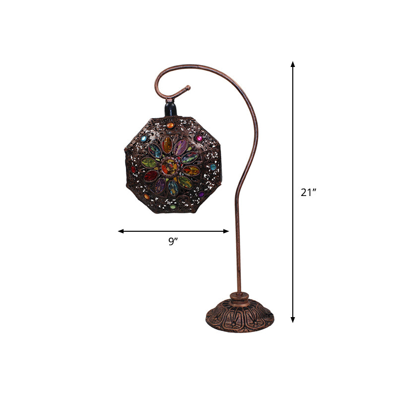 Stained Glass Bronze Night Lamp Octagon Single-Bulb Bohemia Table Light with Gooseneck Arm