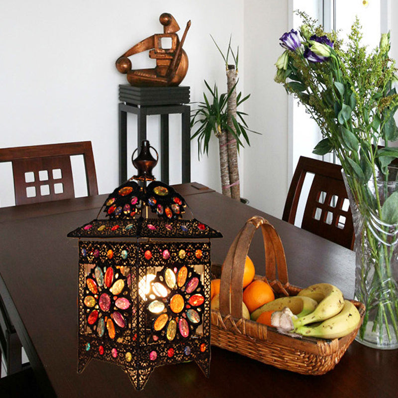 1-Light Stained Art Glass Table Light Bohemian Antiqued Black House Shaped Living Room Night Lamp