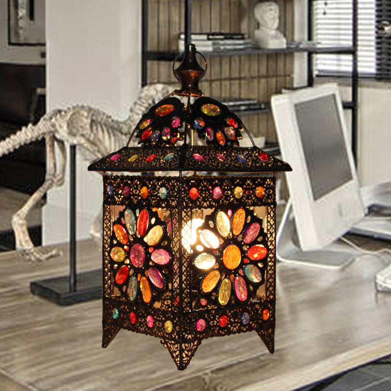 1-Light Stained Art Glass Table Light Bohemian Antiqued Black House Shaped Living Room Night Lamp