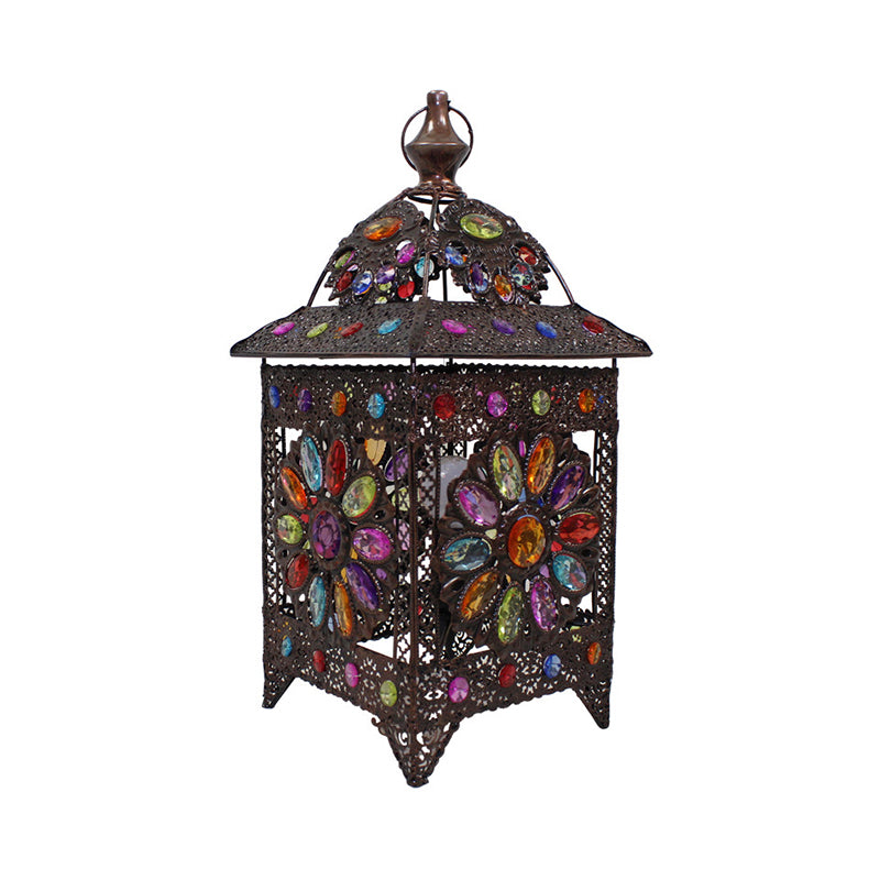 1-Light Stained Art Glass Table Light Bohemian Antiqued Black House Shaped Living Room Night Lamp