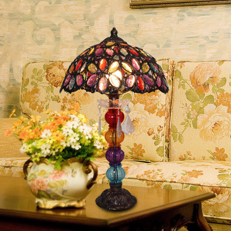 Flower Stained Glass Night Stand Lamp Bohemia 1-Bulb Living Room Table Light with Baluster Base in Bronze