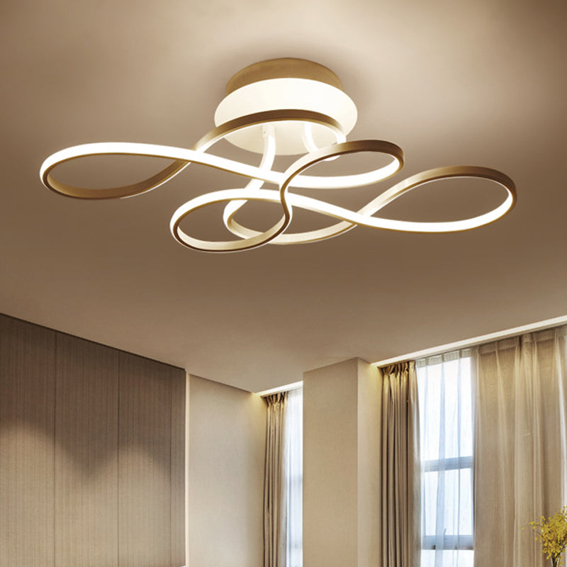 Curved Line Bedroom Ceiling Mount Lamp Aluminum 21"/27.5" Wide LED Simple Semi Flush Light in Gold, Warm/White Light