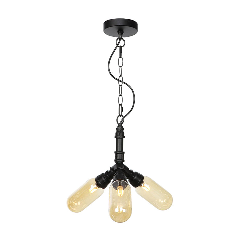 Piping Dining Room Hanging Lighting Industrial Amber/Clear Glass 2/3/4 Heads Black Finish LED Ceiling Chandelier