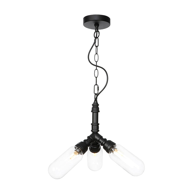 Piping Dining Room Hanging Lighting Industrial Amber/Clear Glass 2/3/4 Heads Black Finish LED Ceiling Chandelier