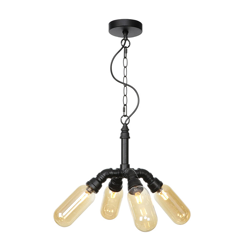 Piping Dining Room Hanging Lighting Industrial Amber/Clear Glass 2/3/4 Heads Black Finish LED Ceiling Chandelier