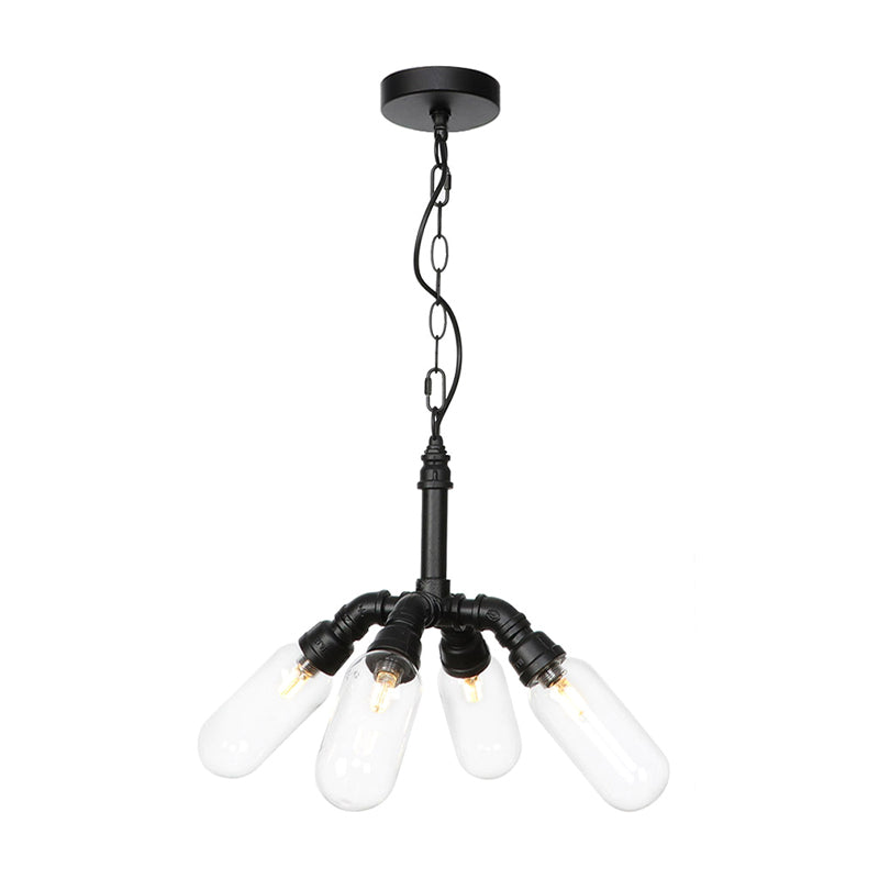 Piping Dining Room Hanging Lighting Industrial Amber/Clear Glass 2/3/4 Heads Black Finish LED Ceiling Chandelier