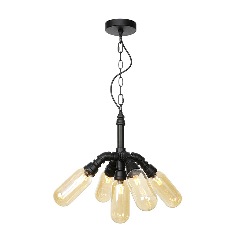 Piping Dining Room Hanging Lighting Industrial Amber/Clear Glass 2/3/4 Heads Black Finish LED Ceiling Chandelier