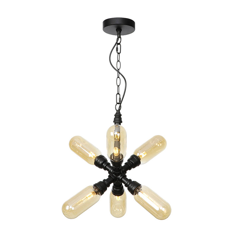 Vintage Starburst Chandelier Lighting 5/6/8 Lights Amber/Clear Glass Hanging Pendant Lamp in Black