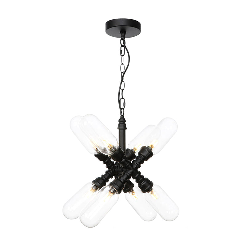 Vintage Starburst Chandelier Lighting 5/6/8 Lights Amber/Clear Glass Hanging Pendant Lamp in Black