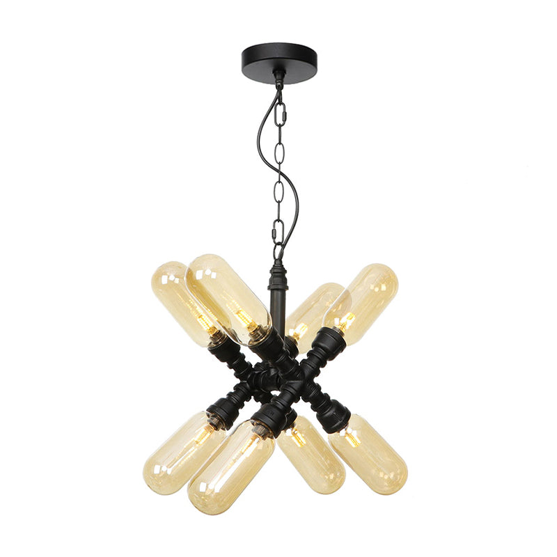 Vintage Starburst Chandelier Lighting 5/6/8 Lights Amber/Clear Glass Hanging Pendant Lamp in Black