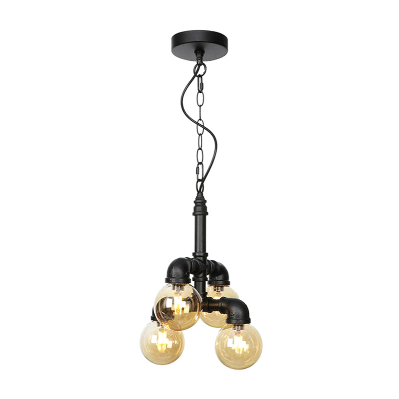 Sphere Amber/Clear Glass Ceiling Chandelier Farmhouse 3/4/5 Lights Living Room Suspension Light in Black