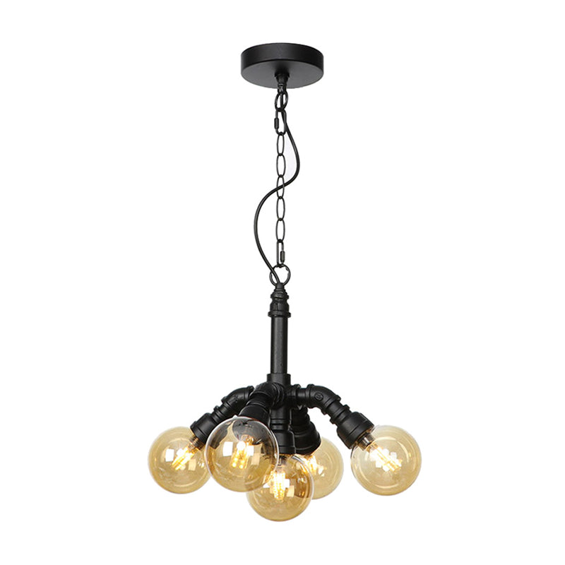 Sphere Amber/Clear Glass Ceiling Chandelier Farmhouse 3/4/5 Lights Living Room Suspension Light in Black