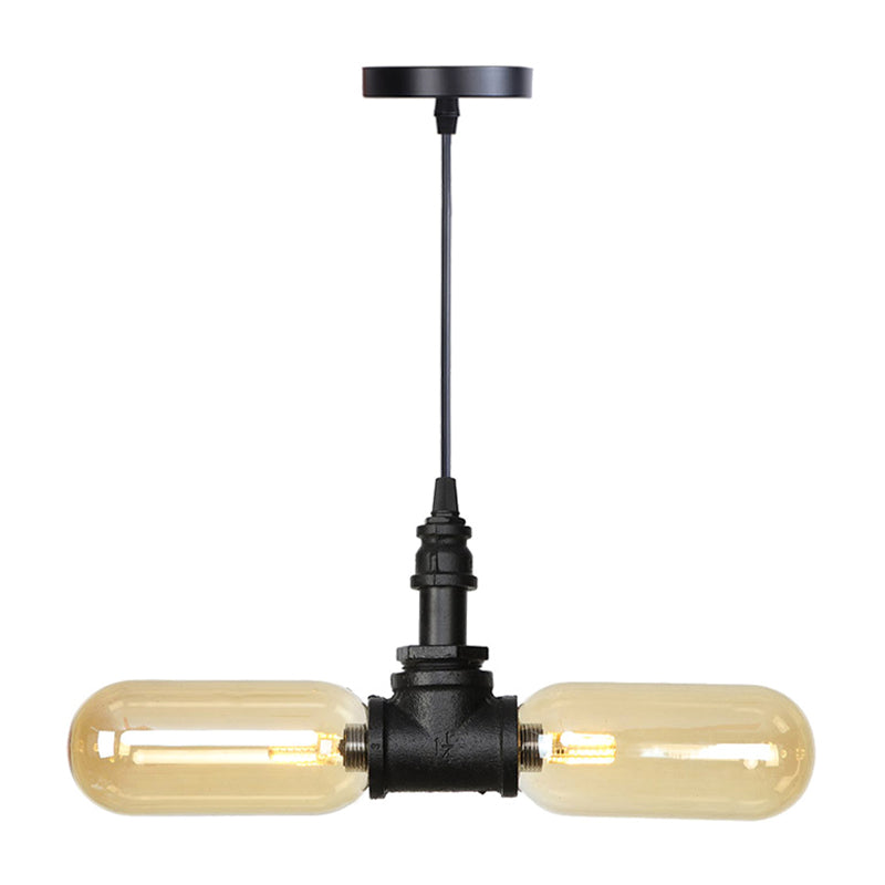 Capsule Amber/Clear Glass Pendant Chandelier Vintage 2 Heads Restaurant LED Hanging Ceiling Light in Black with Pipe Design