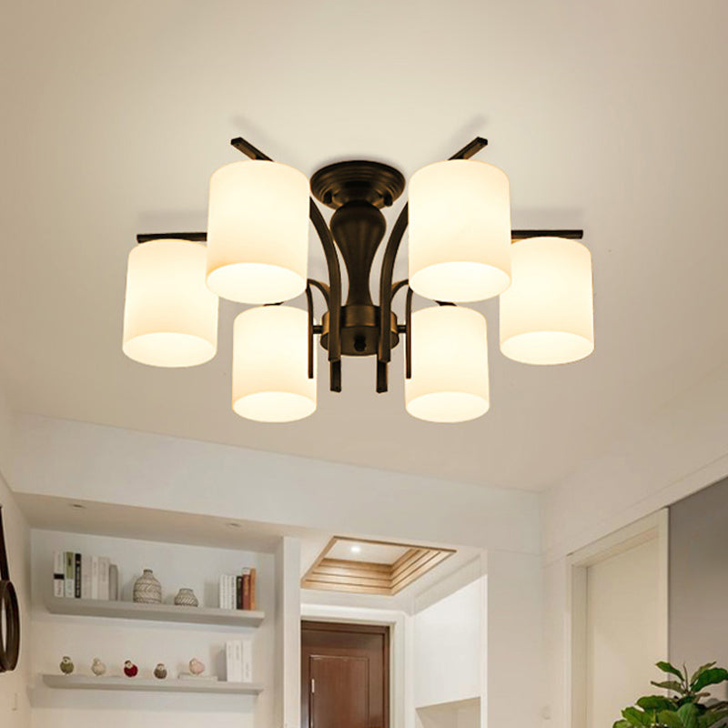 Luce semi-montaggio in vetro bianco Vintage Vintage 3/5/8 Light Soggiorno Luce soffitto in nero