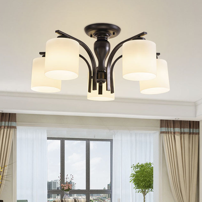 White Glass Cylinder Semi Mount Lighting Vintage 3/5/8-Light Living Room Flush Ceiling Light in Black