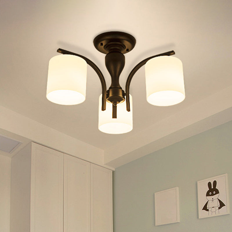 Luce semi-montaggio in vetro bianco Vintage Vintage 3/5/8 Light Soggiorno Luce soffitto in nero