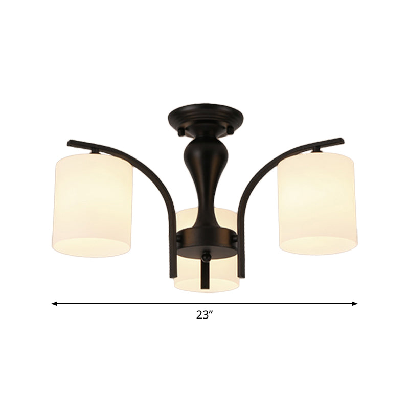 White Glass Cylinder Semi Mount Lighting Vintage 3/5/8-Light Living Room Flush Ceiling Light in Black