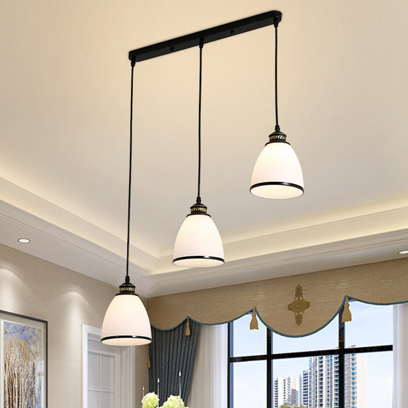 Minimaliste Bell Cluster Pendant 3 lumières Ivory Glass Sanging Lamping avec une verrière rond / linéaire en noir